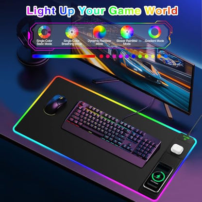 XXL RGB LED Gaming Mouse Pad with Magnetic Wireless Charging & Foldable Phone Holder, 31.5"x15.8" Extended Ultra-Smooth Desk Pad, 25 Lighting Effects, Non-Slip Base - color: RGB-31.5"x15.8"-Magnetic Stand-Right