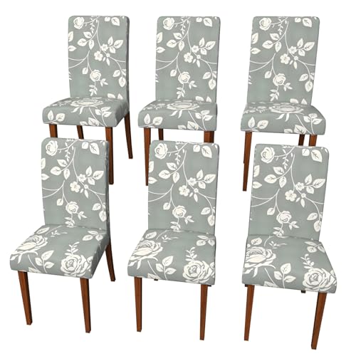 Stretch Dining Chair Covers Set of 6,Floral Print Chair Covers,Soft Removable Washable,Pet Friendly Furniture Protector,Universal Chair Slipcovers for Home, Kitchen,Ceremony Dining Room Seat - color: A-gray- Rose Vine Pattern, size: 6PCS