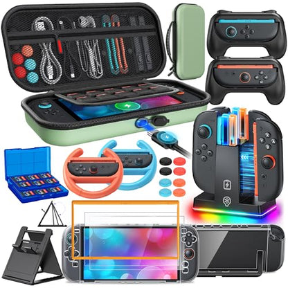 Switch 2 Accessories, [Charge Inside]Case Bundle for Nintendo Switch 2 2025 Console, FYOUNG 23 IN 1 Kit:Carrying Case,Controller Charger,Protective Shell,Grip for Joycon, Steering Wheel(Green) - color: Green