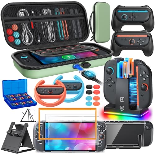 Switch 2 Accessories, [Charge Inside]Case Bundle for Nintendo Switch 2 2025 Console, FYOUNG 23 IN 1 Kit:Carrying Case,Controller Charger,Protective Shell,Grip for Joycon, Steering Wheel(Green) - color: Green