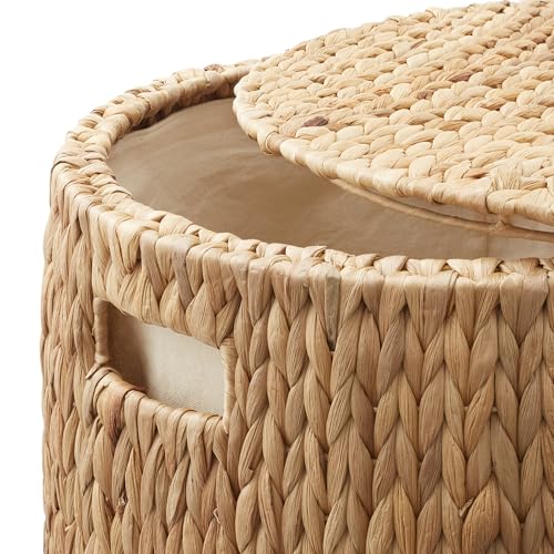 Casafield Round Rolling Storage Basket with Lid - Natural, Handwoven Water Hyacinth Rolling Hamper Storage Bin on Wheels for Living Room, Bedroom, Bathroom, Laundry