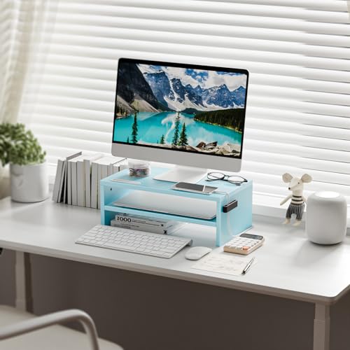Marbrasse Monitor Stand Riser, 16.5 Inch 2 Tier Computer Printer Shelf Stand for Laptop Computer Screen Storage, Desktop Stand with Phone Holder and Cable Management (Blue) - color: Blue