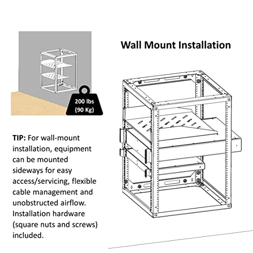 AEONS 10U Open Frame Network Server Rack 19-inch 4 Post AV Rack with Casters for Floor Standing and Wall Mount, Side Load for Extra Depth– Complete Kit with 1U and 2U Vented Shelves, Black - style: 10U-Kit