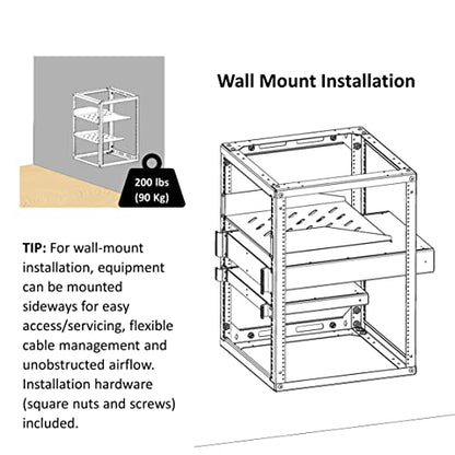 AEONS 10U Open Frame Network Server Rack 19-inch 4 Post AV Rack with Casters for Floor Standing and Wall Mount, Side Load for Extra Depth– Complete Kit with 1U and 2U Vented Shelves, Black - style: 10U-Kit