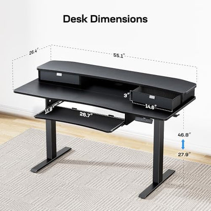 HUANUO 55" x 26" Electric Standing Desk with 2 Drawers & 26.7" Large Keyboard Tray, C-Clamp Mount Compatible, Adjustable Computer Desk for Home Office, Stand Up Desk with 4 Height Presets, Black - color: Black, size: 55" x 26"