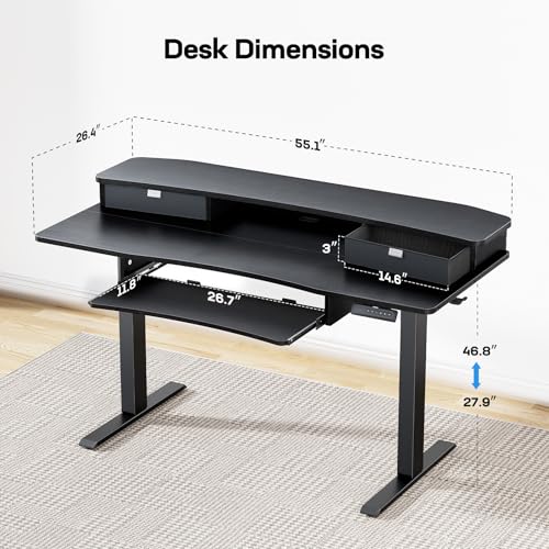 HUANUO 55" x 26" Electric Standing Desk with 2 Drawers & 26.7" Large Keyboard Tray, C-Clamp Mount Compatible, Adjustable Computer Desk for Home Office, Stand Up Desk with 4 Height Presets, Black - color: Black, size: 55" x 26"