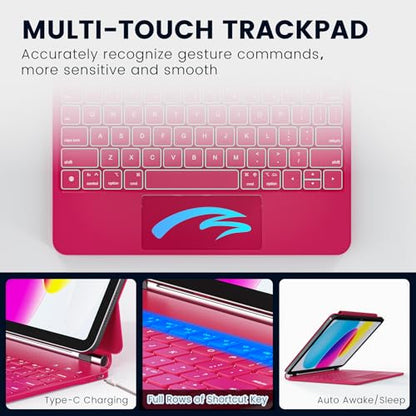RAYMCRAFT for iPad 11th(A16, 2025)/10th Generation Case with Keyboard, Magic Keyboard 2022, Springy Backlit Keys, Stain-Resistant Surface, Multi-Touch Trackpad, Azalea Red - color: Azalea Red
