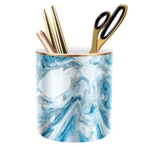 Pen Pencil Holder for Desk, Marble Desk Decor Organizer, Durable Ceramic Pencil Cup Holder Marble Design Makeup Cups for Brushes for Office, Classroom, Blue - color: Blue Marble