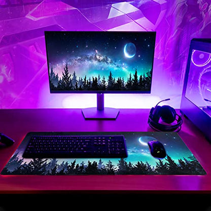 Extended Gaming Mouse Pad, XL Large Keyboard Mouse Mat Desk Pad, Stitched Edges Mousepad, 3mm Thick Long Non-Slip Rubber Base Mice Pad, 31.5 X 11.8 Inch, Forest Moon Galaxy - color: Forest Moon Sky