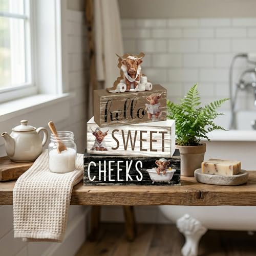 4 Pcs Highland Cow Bathroom Decor Funny Farmhouse Tiered Tray Decor Rustic Highland Cow Table Wooden Signs Home Bathroom Shelf Sitter Restroom Accessories Guest Housewarming Gift Set - style: Highland Cow