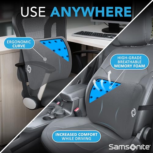 Samsonite Memory Foam Lumbar Support Pillow for Office Chair, Gaming Chair, or Car-Ergonomic Back Cushion-Home Essentials for Sitting Comfort and Posture Relief Back Support with Cooling Gel, Grey - color: Grey Mesh With Ventilation