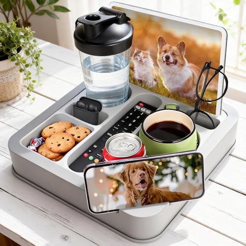 Heavyrain Couch Remote Holder Caddy Cup Holder Tray for Couch and Bed - Spill-Proof Armrest Organizer with Removable Divider, Perfect for Gaming, Movie Night, Remote Control, Snack & Phone Storage