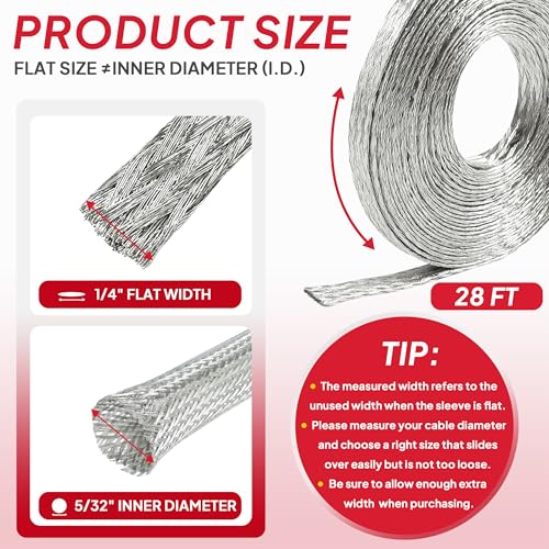 Tinned Copper Braid Cable Wire Shielding Sleeve Ground Straps Protection Flat Metal Mesh Flexible Expandable (1/4 in Wide(0.16 in Dia)-28ft) - size: 1/4 in Wide(0.16 in Dia)-28ft