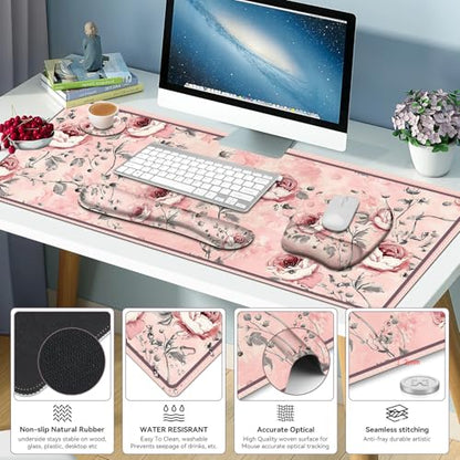 4 in 1 Large Mouse Pad, Keyboard Wrist Rest Set, Ergonomic Mouse Pad with Wrist Support, Desk Mat with Stitched Edges Extended Desk Pad Waterproof Desk Mat for Home Office Game I Pink Rose Flowers - color: Pink Rose Flowers