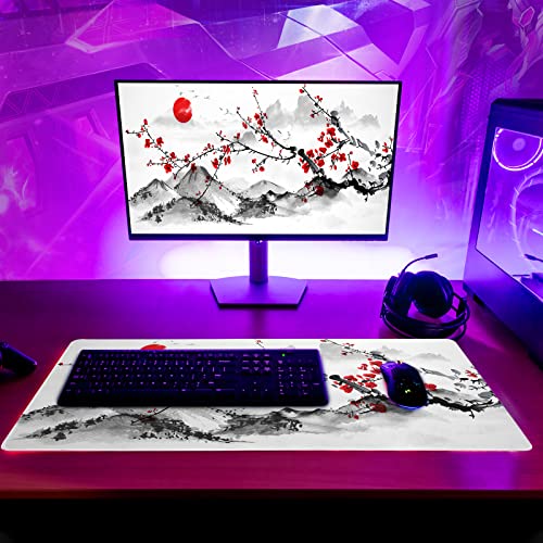Japanese Cherry Blossom Gaming Mouse Pad 27.6x11.8 Inch Pink Full Desk Sakura Large Non-Slip Rubber Base Waterproof Big Keyboard Mat With Stitched Edges for Office - color: Cherry Blossom