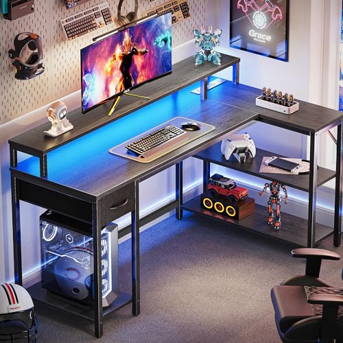 SUPERJARE 53 inch Reversible L Shaped Desk with LED Lights & Power Outlets, Computer Desk with Shelves & Monitor Stand, Gaming Desk with Drawer, Home Office Desk Corner Desk, Grey - color: Grey, size: 53 inch