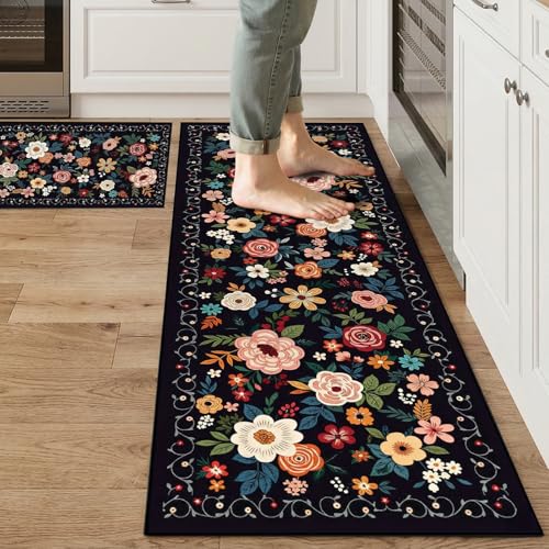 Kitchen Rugs Sets of 2 PCS, Non Slip Washable Kitchen Mats for Floor, Low Pile Soft Boho Floral Rug Runner for Home Decor (Black, 17.3"x46"+17.3"x29") - color: Black