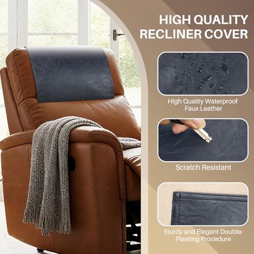 Recliner Headrest Protector,Non Slip Waterproof Headrest Cover,Leather Recliner Headrest Cover for Sofa,Furniture,Living Room,Office Chair (Dark Blue) - color: Dark Blue, size: Hook & Loop
