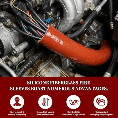 Red Fire Sleeve Heat Shield, 1-1/2 Inch Silicone Coated Fiberglass Heat Resistant Sleeve, 5 FT High Temp Hose Protection, 500°F Continuous / 3000°F Burst, for Fuel Line Brake Line Wiring - color: Red, size: 1-1/2 Inch (38mm) ID x 5FT