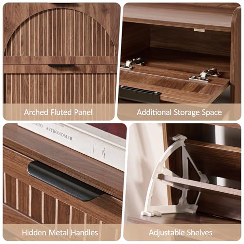 Fluted Shoe Cabinet Storage for Entryway – Narrow Shoe Rack with 2 Flip Drawers & 2 Storage Drawers, Freestanding Hidden Shoe Organizer for Foyer, Hallway (Walnut)