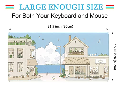 Cute Desk Mat Kawaii Mousepad Japanese Street Mouse Pad, Blue and Brown Cute Anime Keyboard Mat 31.5"x15.75", Large Mouse Pad XXL Gaming Desk Pad XL Office Decor for Women Girls Laptop Keyboard Pad - color: B-blue Japanese Street