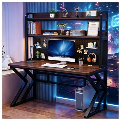 31.4in Gaming Desk with Bookshelf, Pegboard & Storage Shelves (Brown, 31.4in) - color: Brown, size: 31.4in