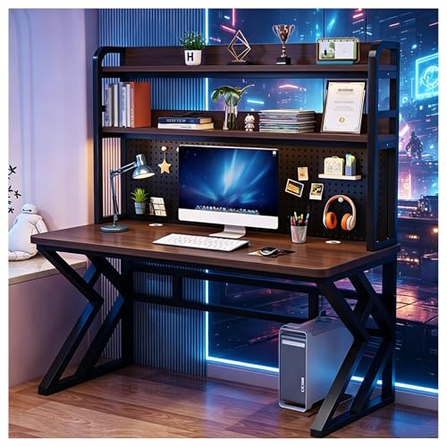 31.4in Gaming Desk with Bookshelf, Pegboard & Storage Shelves (Brown, 31.4in) - color: Brown, size: 31.4in