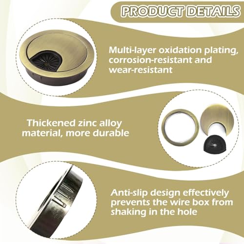 2 Pack 60mm Desk Cable Grommet Cover, One-Piece Molded Construction Cable Heavy Duty Zinc Alloy Hole Organizer with Adjustable Center Cable Hole for Office Computer Desk Worktops (Gold)