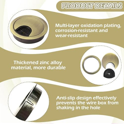 2 Pack 60mm Desk Cable Grommet Cover, One-Piece Molded Construction Cable Heavy Duty Zinc Alloy Hole Organizer with Adjustable Center Cable Hole for Office Computer Desk Worktops (Gold)