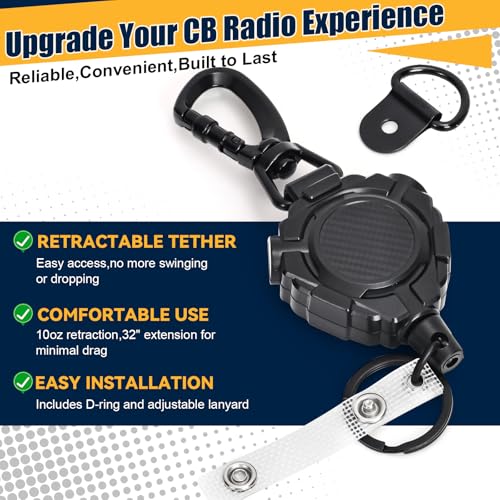 CB Mic Retractable Holder, Heavy Duty 32" Stainless Steel Tether, Includes 1 D-Ring and 1 Adjustable 12" Nylon Lanyard, Microphone Hanger Keeper for CB Radio