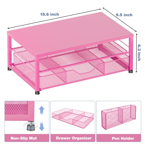 OPNICE Desk Organizer and Accessories, 2-Tier Computer Monitor Stand with Drawer and 2 Pen Holders, Laptop Stand, Office Desk Accessories for Office Supplies, Carmine Rose - color: Carmine Rose 1-Pack, size: With Drawer and 2 Pen Holders