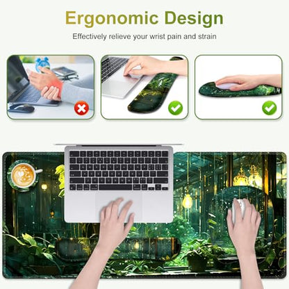 Large Mouse Pad with Wrist Support 4 in1 Set, XXL Big Game Mousepad + Keyboard Wrist Rest+Mouse Wrist Rest Pad +Coaster Gaming Mat for Women Men Home Office Computer I Green Plants Romantic Rain - color: Green Plants Romantic Rain