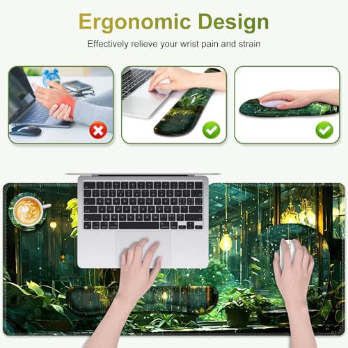 Large Mouse Pad with Wrist Support 4 in1 Set, XXL Big Game Mousepad + Keyboard Wrist Rest+Mouse Wrist Rest Pad +Coaster Gaming Mat for Women Men Home Office Computer I Green Plants Romantic Rain - color: Green Plants Romantic Rain