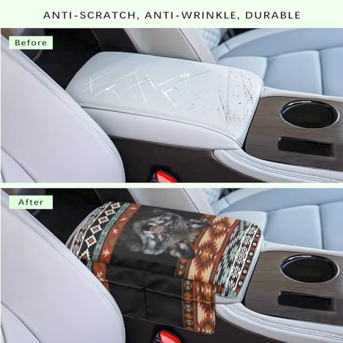 Wanyint Aztec Wolf Black Car Center Console Cover Scratch Resistant Armrest Seat Box Cover with Organizer Pockets Console Lid Protector Cushion Fit for Most Cars Vehicles SUVs - color: Aztec Wolf Black