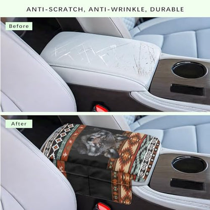 Wanyint Aztec Wolf Black Car Center Console Cover Scratch Resistant Armrest Seat Box Cover with Organizer Pockets Console Lid Protector Cushion Fit for Most Cars Vehicles SUVs - color: Aztec Wolf Black