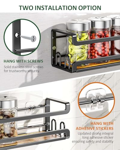 Doakhirmit Wall Mount Spice Rack, Black,4 Pack | 16 Hooks,Screw or Adhesive Installation , Hanging Organizer for Stove Cabinet Pantry Door Kitchen and RV Use - size: 4 Pack