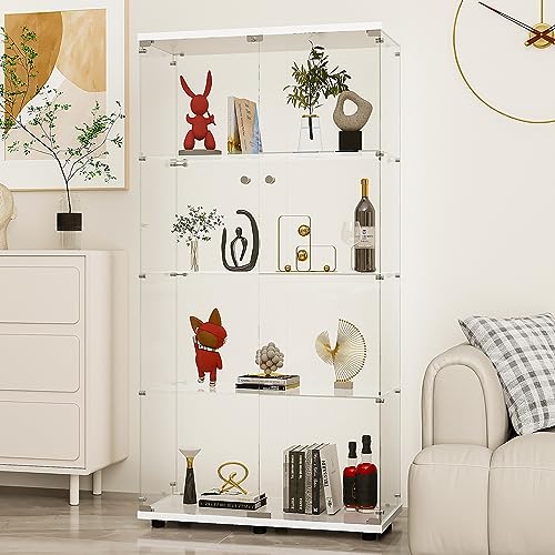 Display Cabinet with Glass Door and Lock, 4-Shelf Fast Installation in 30 Mins Curio Cabinets with 5mm Tempered Glass Floor Standing Bookshelf for Bedroom, Living Room (65'' x32'' x14'', White) - color: 2-door 4-shelf, White