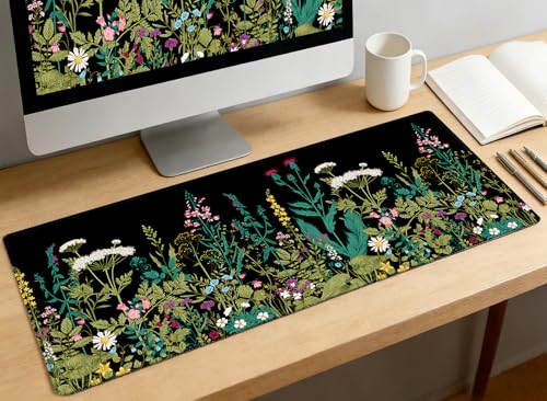 Extended Desk Mat (31.5x11.8 inch 3mm Thick), iDonzon Soft Cute Extra Large XXL Waterproof Gaming Mouse Pad with Non-Slip Rubber Base & Stitched Edges, for Working/Game, Garden Flowers - color: Black