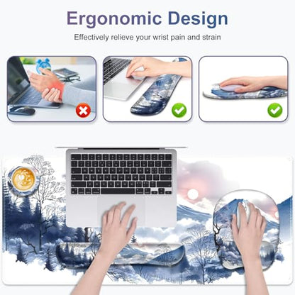 4 in 1 Large Mouse Pad, Keyboard Wrist Rest Set, Ergonomic Mouse Pad with Wrist Support, Desk Mat with Stitched Edges Extended Desk Pad Waterproof Desk Mat for Home Office Game I Snowy Mountain Sun - color: Snowy Mountain Sun