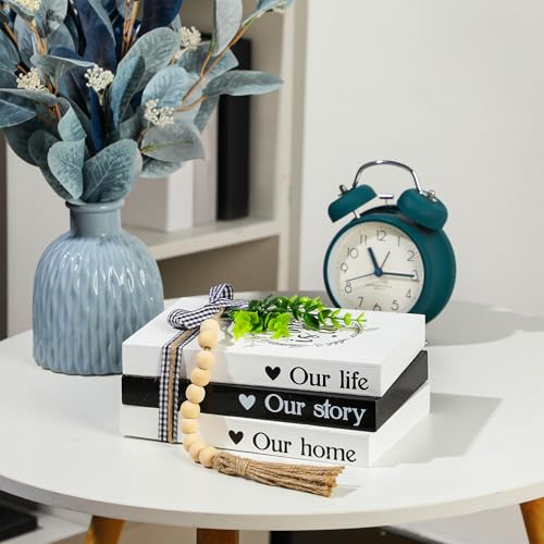 Capoda 3 Pcs Decorative Books for Home Decor Farmhouse Faux Stacked Books Wooden Rustic Table Decor with Bead Garland Twine Ribbon Faux Leaf for Table(This is Us) - style: This is us
