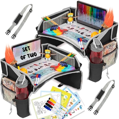 PILLANI Kids Travel Tray for Car - Carseat Tray w/iPad Holder & Dry Erase Board, Road Trip Essentials - Toddler Lap Desk Organizer for Airplane - Roadtrip Activities & Travel Essentials - Pack of 2 - color: 2-pack Black