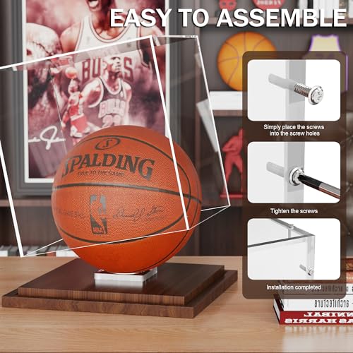 VGMiu Basketball Display Case with Wood Base, Clear Acrylic Basketball Case Display Box with Removable Built-in Ball Holder for Autographed Balls, Sports Collectibles, Memorabilia Displays - size: Basketball Case