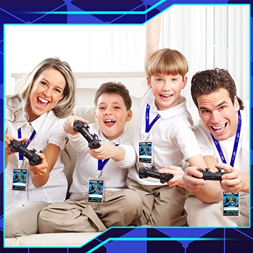 Leinuosen 16 Pieces Blue Video Game VIP Pass Holder Tickets Set Video Game Ticket Holder Gamer Party VIP Pass Lanyards for Birthday Party Supplies Favors