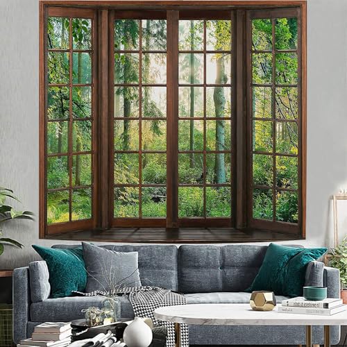 Aidatain Green Forest Natural Tapestry Window Scenery Wall Aesthetic Tapestry for Bedroom Flannel 60" L x 60" W Beach Blanket Living Dinning Room College Dorm Wall Hanging GTDJAT0090 - size: 60"L x 60"W