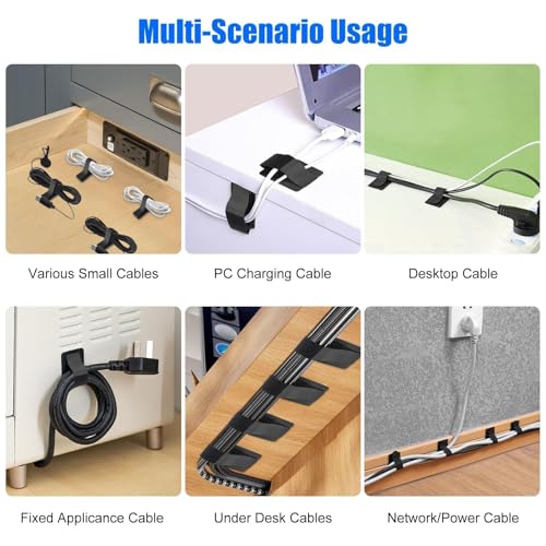 EEEKit Cable Management Under Desk, 40 Pack Detachable Hook and Loop Cable Straps with Adhesive Wire Clips, Up to 15 Cords, Reusable Cord Organizer for Home Office Desk PC Setup