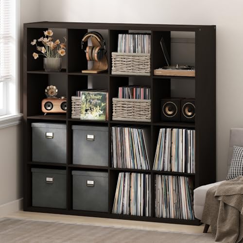 Furinno Cubicle Record Player Stand with Vinyl Storage, 16-Cube 1.2 Extra Thick Vinyl Record Storage, Open Back Media Shelf for CD DVD Blueray Game Disc, for Living Room, Home Office, Black Dark Oak - color: Black Dark Oak, size: Extra Thick, 16-Cube Stan