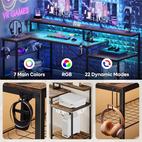 Bestier 71.5 inch Computer Desk with Power Outlets, L Shaped LED Home Office Desk with Long Monitor Stand, Large Corner Desk with Storage Shelf, Cup Holder & Headset Hooks, Modern Simple Table | Printer Shelf, Adjustable Metal Grid, Adjustable Monitor Sta