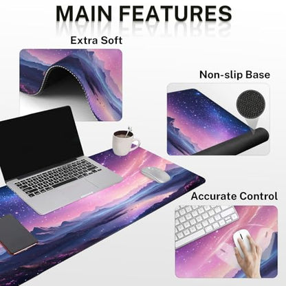 Arttown Dreamy Galaxy Desk Mat Mountains Nebula Mouse Pad Set 4 in 1 Night Sky Ergonomic Design Large Desk Pad + Keyboard Wrist Rest + Mouse Wrist Rest + Coaster Suitable for Home Office Study Game - color: Purple Starry Sky