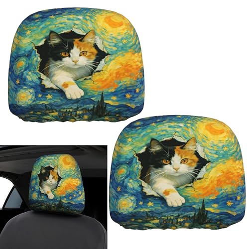 Funny Cat Print Headrest Covers for Cars Starry Night Auto Head Rest Cover 2pc - color: Van Gogh Cat