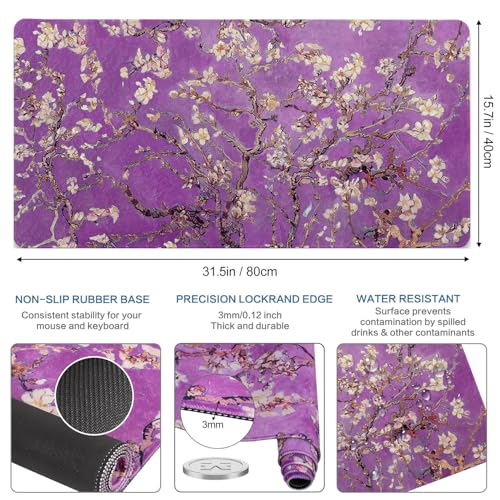 Vimorco Waterproof Desk Pad, XXL Large Mouse Extended Gaming Mousepad with Anti-Slip Rubber Base,Computer Laptop Keyboard Mouse Mat for Women Girls Work,Game,Office,31.5 x 15.7 inch,Purple Flowers - color: Purple Flowers